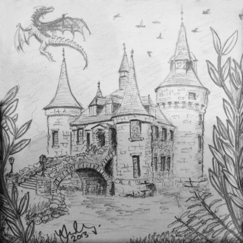 "Lost Garden - Castle and Dragon". I drew this very small and in pencil. It is only approximately 7cm x 7cm. Castle And Dragon Drawing, Small Castle Concept Art, Dragons And Castles, Castle Sketch Pencil, Castles Drawing, Castle With Dragon, Castle Drawings, Dragon And Castle, Flower Garden Drawing