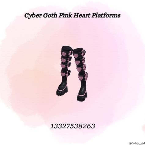 Berry Avenue Goth Outfit Codes, Futuristic Boots, Yk2 Outfits, Heart Platforms, Brookhaven Codes, Boots Code, Code Roblox, Roblox Code, Hello Kitty House