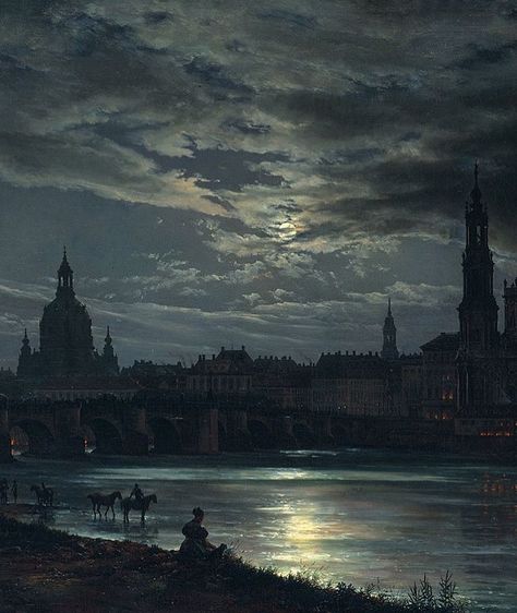 Johan Christian Dahl (Norwegian, 1788-1857) "View of Dresden by Moonlight" 1839 Johan Christian Dahl, Design Quotes Art, معرض فني, Nice Drawings, Night Scenes, Easy Landscape Paintings, Moonlight Painting, Contemporary Impressionism, Evening Light