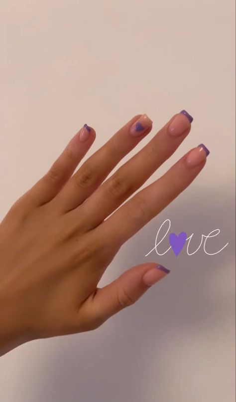 purple french tips, spring/summer nails, heart nail art design Purple French Tip Nails With Heart, Lavender Nails With Heart Design, French Tips Purple, Light Purple Nails With Heart, Purple Nails With Heart Design, Lilac Heart Nails, Purple Valentines Nails, Purple Heart Nails, Purple Manicure