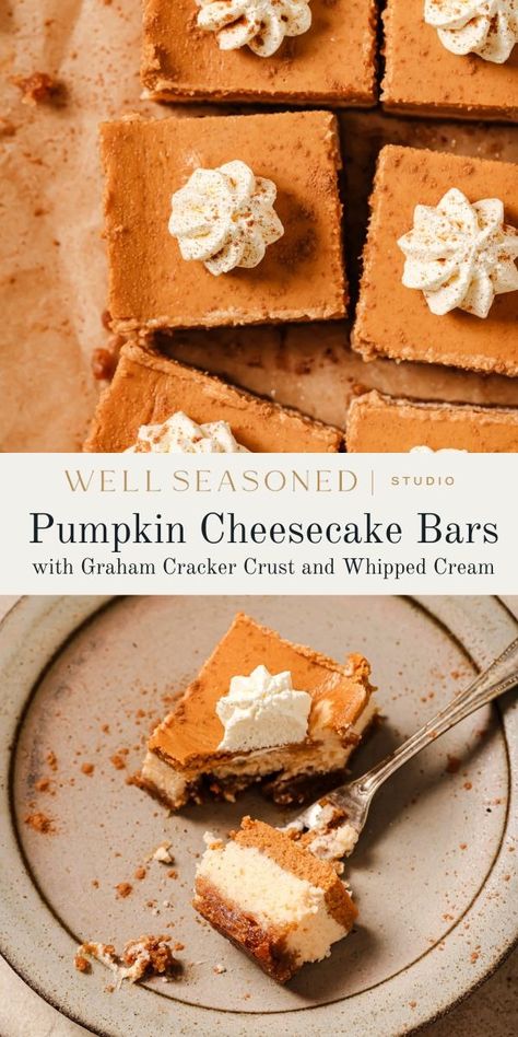 My creamy pumpkin cheesecake bars are the ultimate fall dessert! With rich, creamy layers of NY-style cheesecake and pumpkin cheesecake on top of a buttery graham cracker crust, you'll want these at the end of every fall meal, whether a simple family gathering or for special occasions and holidays. Make today, enjoy tomorrow, and thank me later! #wellseasonedstudio #pumpkin #cheesecake #cheesecakebars Witchy Tea, Ny Cheesecake, Plain Cheesecake, Fall Meal, Pumpkin Cheesecake Bars, Ny Style, Cracker Crust, Cocktail Desserts, Homemade Whipped Cream