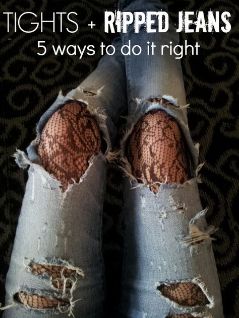 5 beyond-cool ways to wear tights under ripped jeans this season Grunge Accessories, Looks Jeans, Patterned Tights, Destroyed Jeans, Punk Style, Clothing Hacks, Mode Vintage, Mode Inspiration, Grunge Fashion