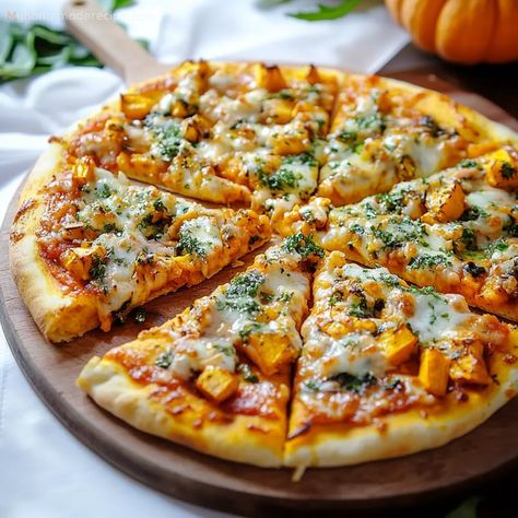 Savory Pumpkin Pizza with Caramelized Onions and Havarti Cheese - My Home Made Recipe Thanksgiving Pizza, Caramelized Onion Pizza, Pumpkin Pizza, Sweet Potato Pizza, Savory Pumpkin, Onion Pizza, Unique Dinner, Havarti Cheese, Pumpkin Sauce