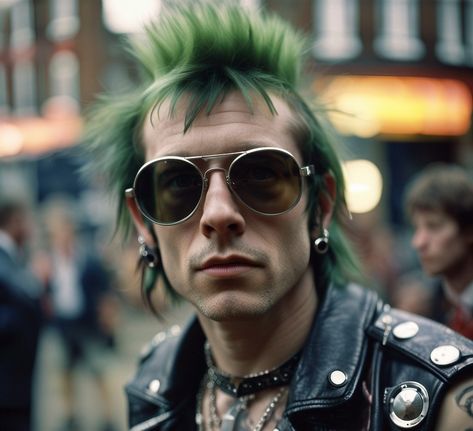 Green haired punk rock man wearing sunglasses Punk Sunglasses, 2000s Punk, 70s Punk, Punk Rocker, Punk Rock, Rocker, Sunglasses, Hair