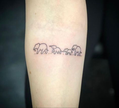 Elephant Band Tattoo, Family Of 4 Elephants Tattoo, Elephant Family Of 4 Tattoos, 4 Elephant Family Tattoo, Fine Line Elephant Family Tattoo, 4 Elephants Tattoo, Minimal Elephant Tattoo, Elephant Family Tattoo, Tiny Elephant Tattoo