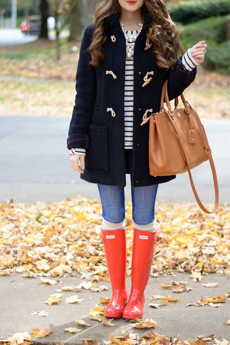 Yellow Rain Boots Outfit, Red Wellies, Rain Boots Outfit, Yellow Wellies, Perfect Fall Boots, Orange Boots, Southern Curls And Pearls, Red Hunter, Toggle Coat