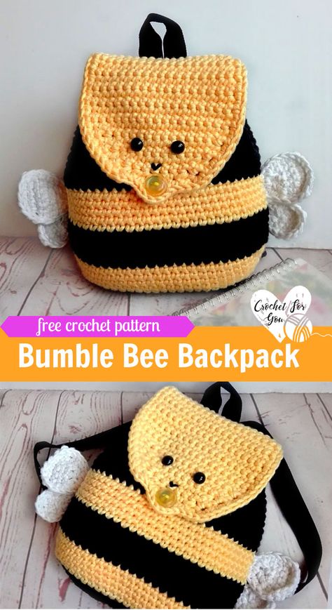 Crochet Animal Backpack Free Pattern, Free Backpack Crochet Patterns, Beginner Crochet Clothing Patterns Free, Bee Bag Crochet, Crochet New Ideas, Cute Crochet Bags Free Pattern, Crochet Drawstring Backpack Pattern Free, Crochet Bumblebee Pattern Free, Backpack Crochet Pattern Free