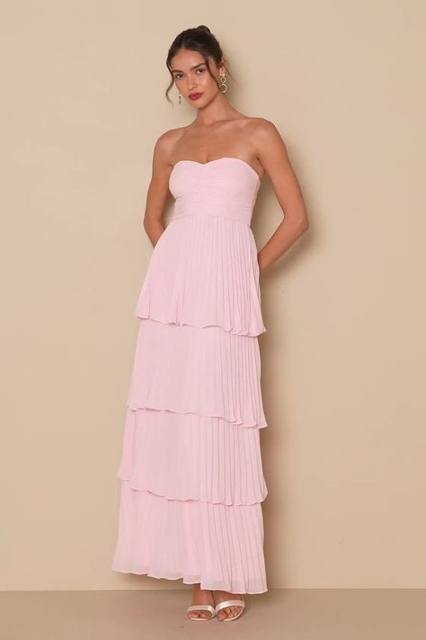 Sweeping everyone off their feet is so easy when you have a romantic look like the Lulus Seriously Sensational Light Pink Strapless Tiered Maxi Dress! Lightweight pleated woven chiffon shapes this flirty dress that features a strapless bodice (with hidden no-slip strips) and a sweetheart neckline. The high, fitted waist tops a figure-skimming, tiered skirt that cascades down to a maxi hem. Hidden back zipper/clasp. Fit: This garment fits true to size. Length: Floor length. Size medium measures 5 Floor Length Bridesmaid Dress, Light Pink Bridesmaid Dresses, Outfit Petite, Slip Dress Outfit, Pink Bridesmaids, Blush Dress, Senior Prom Dresses, Prom Dress Inspiration, Pink Prom