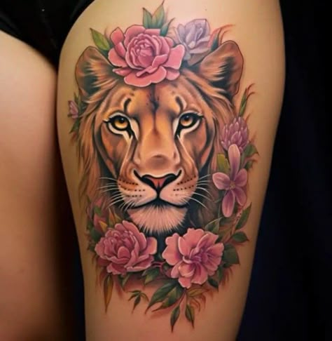 Color Lioness Tattoo, Colorful Lion Tattoo For Women, Lioness Thigh Tattoo For Women, Sayings Tattoos For Women, New Mom Tattoo, Colorful Lion Tattoo, Lioness And Cub Tattoo, Sayings Tattoos, Rosary Tattoos