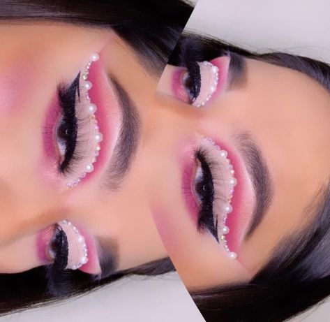 Soft Glam Valentine Makeup, Full Glam Pink Makeup, Valentine’s Day Make Up Looks Pink, Pink Makeup With Pearls, Rhinestone Eyeshadow Look, Birthday Makeup With Rhinestones, Birthday Pink Makeup, Pink Valentine’s Day Makeup, V Day Makeup Looks