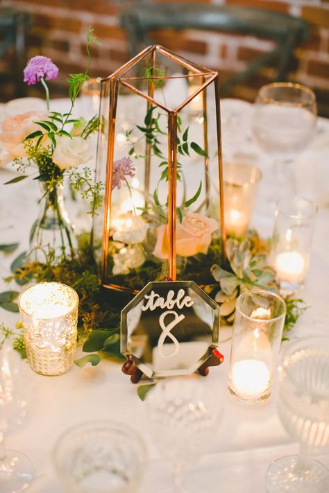 Gold Terrarium Centerpiece with Mirror Table Numbers Terrarium Centerpieces, Mirror Centerpiece, Greenery Wedding Centerpieces, Wedding Centerpiece Ideas, Terrarium Centerpiece, Wedding Candles Table, Lantern Wedding, Lantern Centerpiece Wedding, Wedding Rentals Decor