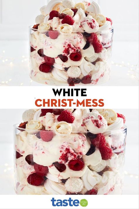 Christmas Eton Mess, Eton Mess Trifle, English Christmas Trifle, Christmas Pavlova Trifle, White Christmas Food, Meringue Trifle, Pavlova Trifle, Christmas Supper, Christmas Lunch Menu