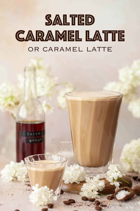 A large and small glass of salted caramel latte with caramel syrup in the background. Caramel Coffee Drinks, Caramel Coffee Recipe, Speciality Coffee Recipes, Caramel Latte Recipe, Salted Caramel Latte, Salted Caramel Coffee, Specialty Coffee Drinks, Coffee Cupcakes, Coffee Prices