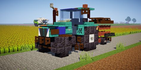 New Holland T6 with a Case cultivator Minecraft Tractor Build, Minecraft Tractor, Terraforming Minecraft, Minecraft Farm, New Holland Tractor, Minecraft Projects, Minecraft Creations, New Holland, Tractor