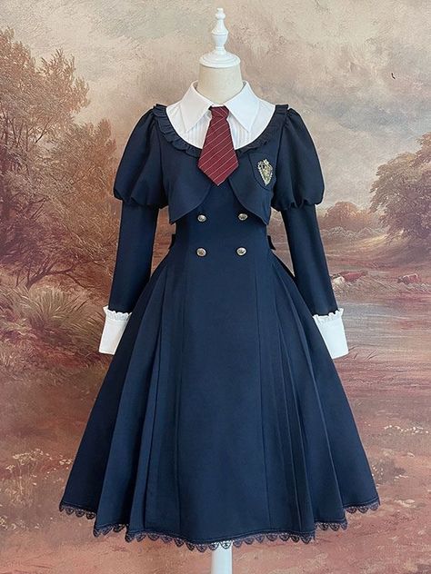 Polyester Long Sleeves Ruffles Dress Academy Uniforms, Pointed Flat Collar, Long Sleeve Ruffle Dress, Leg Of Mutton Sleeve, Op Dress, Fashion Design Collection, Dress Design Sketches, Flat Collar, Sweet Lolita