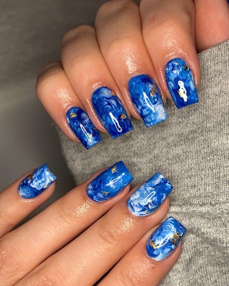 Blue Marble Nails With Gold Flakes, Blue Marble Nails Short, Blue Nails With Gold Flakes, Blue Nails With Gold, Gold Flake Nails, Nails With Gold Flakes, Blue Marble Nails, Nails With Gold, Gold Flake