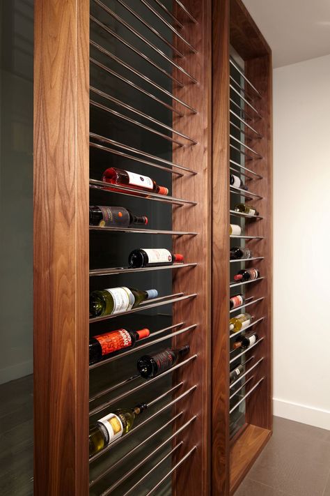 Modern Custom Wine Cellar in Vancouver with Metal Wine Racks and Rails Unique Wine Rack, Wine Rack Metal, Metal Wine Racks, Wine Wall Display, Wine Cellar Cooling Unit, Wine Storage Wall, Contemporary Wine Racks, Wine Cellar Racks, Modern Wine Rack