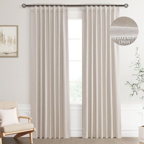 PRICES MAY VARY. 100% Black out Linen Curtains: Design with innovative full blackout white coating layer on the back, our curtains can block out 100% light and sunlight. Also Thermal Insulated & Noice Reduction,providing a total private and personal space even during the day for a good sleep or rest,and can balance temperature to keep cool in summer and keep warm in winter. Linen Blend Textured Fabric:Aesthetic Linen Fabric Craftsmanship makes our pinch pleated window curtains thick and drapey,p Curtains For Living Room With Grey Couch, Curtains For Sliding Patio Door, White Curtains Living Room, Office Room Dividers, Curtains Design, Fabric Aesthetic, Insulated Drapes, Drapes For Bedroom, Linen Blackout Curtains