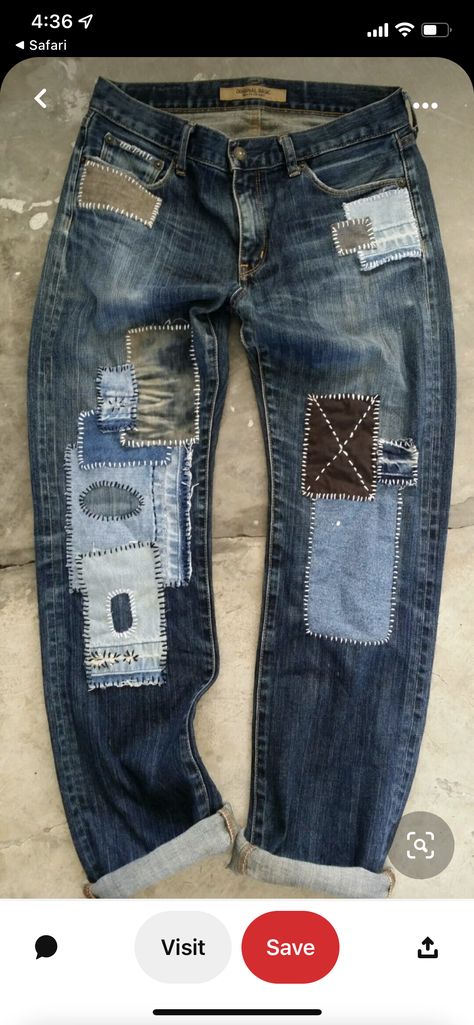 Sashiko Pants, Sashiko Jeans, Återvinna Jeans, Denim Repair, Denim Art, Estilo Hippie, Visible Mending, Custom Jeans, Repurposed Clothing