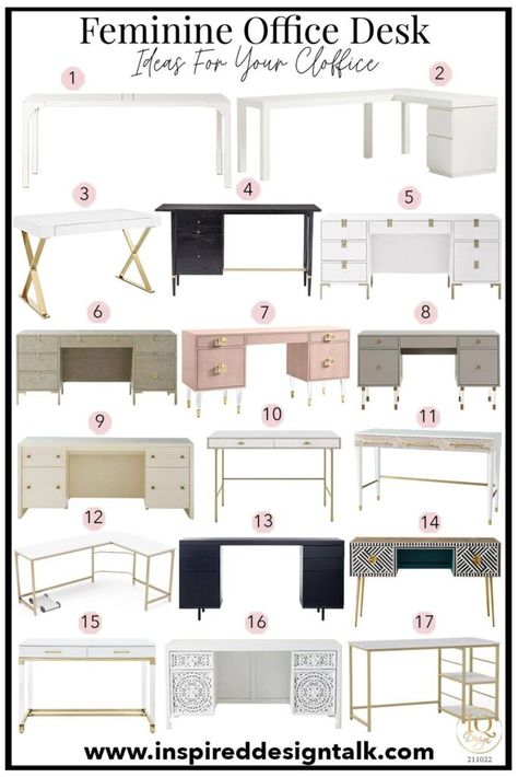 Feminine Office Desks, White Executive Office Desk, Home Office Chic Classy, Woman Desk Home Office, Glam Desk Ideas, Modern Elegant Office Design, Woman Office Ideas Work Spaces, Women’s Desk, Feminine Office Desk