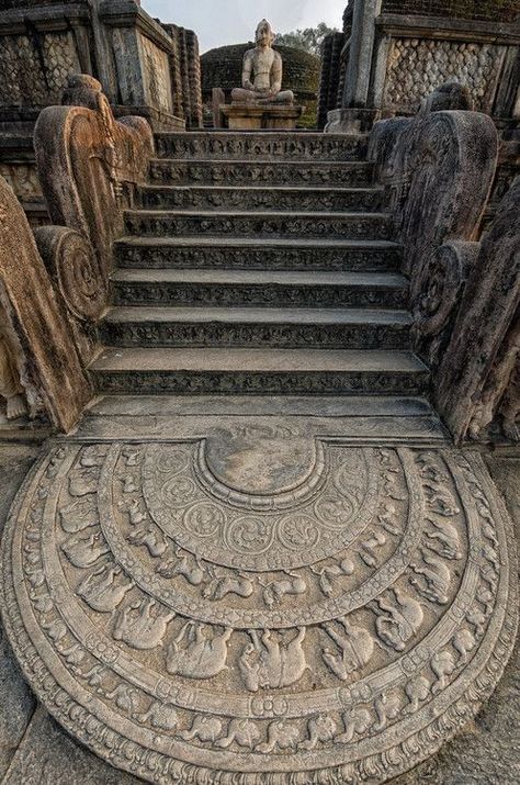 Ancient temple ruins in Anuradhapura in Sri Lanka. The intricately carved bottom stone is called the ‘Moonstone’ and the steps lead to a still intact, sitting Buddha Temple Ruins, Ancient Temple, Sitting Buddha, Carved Stone, Sacred Places, Ancient Temples, Ancient Architecture, Place Of Worship, Ancient Ruins