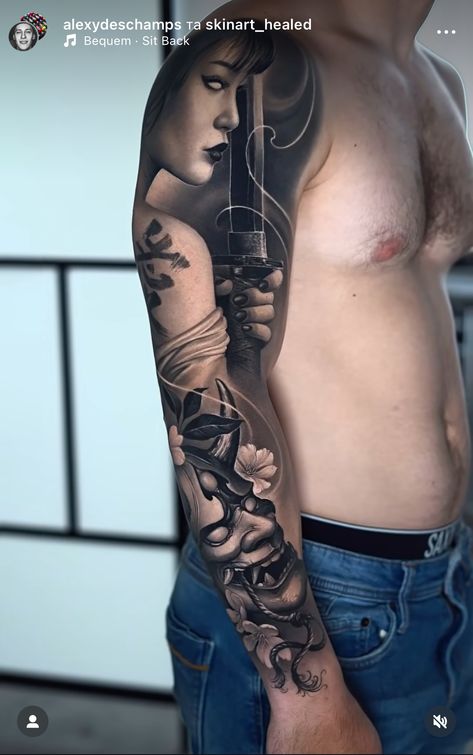 Geisha Tattoo Sleeve, Girl Samurai, Japanese Geisha Tattoo, Samurai Mask Tattoo, Samurai Tattoo Sleeve, Geisha Tattoo Design, Black And Grey Tattoos Sleeve, Gray Tattoo, Samurai Tattoo Design