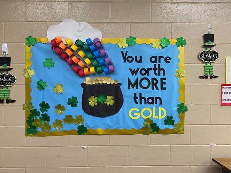 Elementary School Cafeteria Decorations, March Bulletin Board Ideas For Work, Bulletin Board Elementary School, Nurse Break Room Bulletin Board, Back To School Bulletin Boards Cafeteria, Lucky Bulletin Board Ideas, Cafeteria Bulletin Board Ideas, Bulletin Board Elementary, Saint Patrick’s Day Bulletin Board