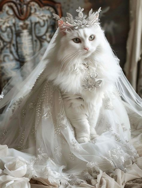 Cat Princess Costume, Cat Wedding Dress, Cute White Cats, Cat Princess, Fancy Cat, Cat Dressed Up, Cat Dress, Cat Wedding, Cat Hacks