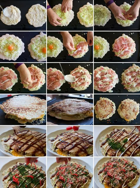 Steps to make okonomiyaki Okonomiyaki Rezept, Japanese Pancake Recipe, Okonomiyaki Recipe, Bonito Flakes, Japanese Food Recipes, Easy Japanese Recipes, Shredded Cabbage, Japanese Street Food, Mapo Tofu