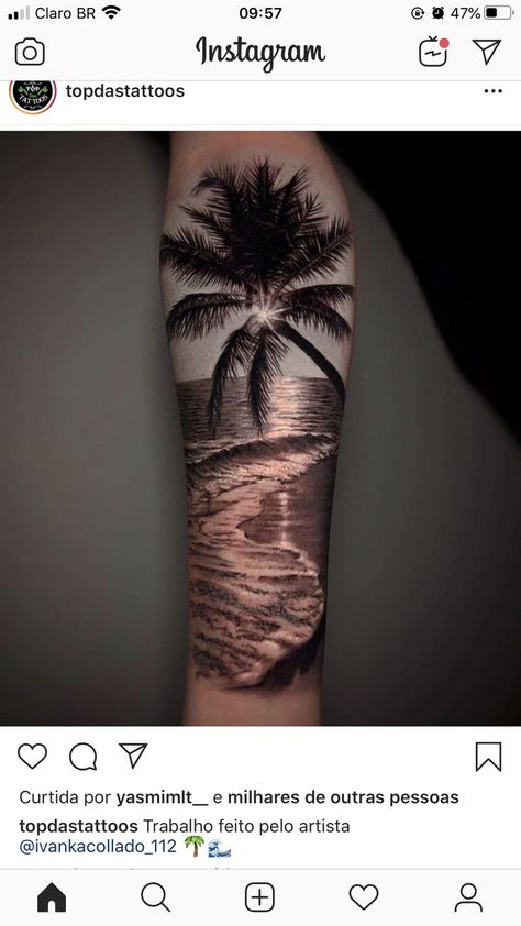 Tropical Forearm Tattoo, Palm Tree Sleeve Tattoo, Tropical Sleeve Tattoo For Women, Beach Tattoo Sleeve, Beach Sleeve Tattoo, Beach Themed Tattoos For Women, Beach Tattoos For Women, Strand Tattoo, Beach Themed Tattoos