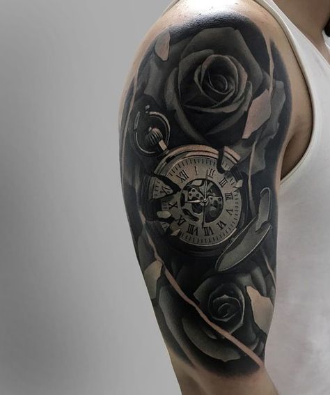 Chip Tattoo, Wolf Sleeve, Tatuaje Cover Up, Watch Tattoo Design, Arm Tattoos Drawing, Tattoo On Shoulder, Animal Sleeve Tattoo, Rose Tattoo Sleeve, Black Tattoo Cover Up