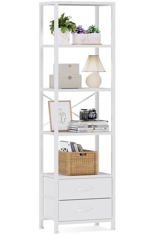 PRICES MAY VARY. 5-Tier Shelf & 2 Drawers: This bookshelf features multiple wood shelves to accommodate books, decor, and other items. The functional fabric drawers provide additional storage space for your personal items or office supplies, keeping your space organized and clutter-free. Space Saving & Utilizing: The tall and narrow design of this wall shelf allows you to make the most of vertical space, making it perfect for rooms with limited floor area. It efficiently utilizes unused wall spa Narrow Corner Shelf, Bedroom Shelf Organization, Wood Display Shelf, Narrow Shelf, Shelf Divider, Narrow Bookshelf, Tiered Display, Tiered Display Shelves, Tall Shelves