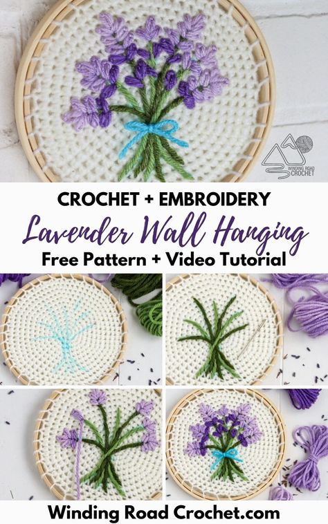 Learn to crochet and embroider this beautiful lavender wall hanging. Free crochet pattern and video tutorial by Winding Road Crochet. Crochet On Embroidery Hoop, Crochet Hoop Wall Hanging, Hoop Crochet, Diy Crochet Wall Hanging, Crochet Room, Wall Flags, Crochet Lavender, Winding Road Crochet, Crochet Hoop