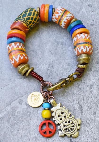 Rustic African Tribal Orange Krobo Bead Ethiopian Cross Charm Bracelet Xo Bracelet, African Bangles, Beaded Necklace And Bracelet, African Beaded Necklace, Ethiopian Cross, Gallery Jewelry, Cultural Awareness, Bold Necklace, Bohemian Bracelets