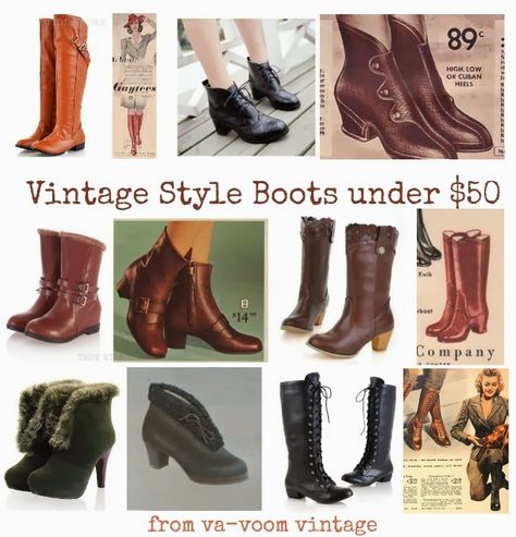 8 Vintage Style Boots for Spring- Under $50 1950s Boots, 1940s Winter Fashion, Free Vintage Patterns, Vintage Capsule Wardrobe, Vintage Winter Outfits, 1940s Fashion Women, Historic Fashion, Shoe Shopping, Fashion Crafts