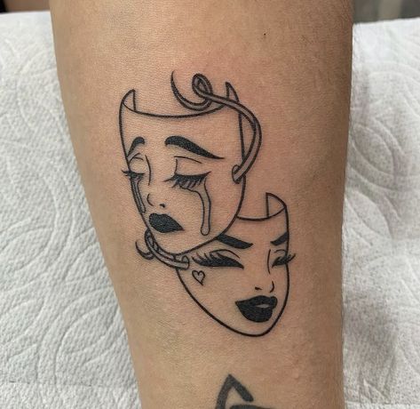 Face Line Work Tattoo, Theater Faces Tattoo, Vintage Woman Tattoo, Drama Mask Tattoo Design, Good Girl Tattoo, Drama Tattoo, Disney Sleeve Tattoos, Self Love Tattoo, Pretty Hand Tattoos