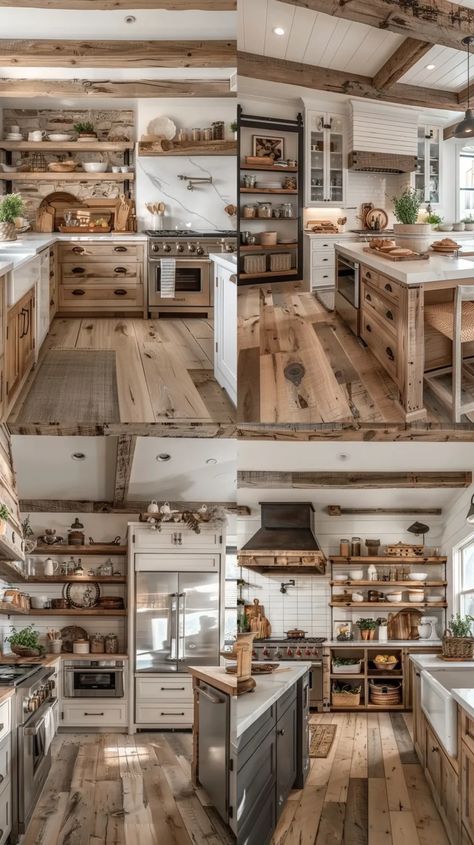 17 Gorgeous Farmhouse Kitchen Inspirations: Design, Decor, and DIY Ideas - TrendyDesign Big Kitchen Window, Green Country Kitchen, No Upper Cabinets, Farmhouse Kitchen Inspiration, Farmhouse Inspired Decor, Gorgeous Farmhouse, Country Kitchen Designs, Country Farmhouse Style, Farmhouse Kitchens