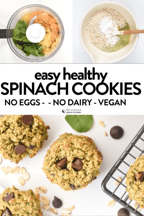 These Spinach Cookies are healthy banana oatmeal cookies with an extra boost of green from fresh spinach !These soft cookies are perfect as a pre work out cookie or  as an healthy kid snack. Cookies With Vegetables, Spinach Cookies, Blw Foods, Veggie Cookies, Healthy Banana Oatmeal Cookies, Cookies No Eggs, Pre Work Out, Healthy Cookies For Kids, Banana Oatmeal Cookies Healthy