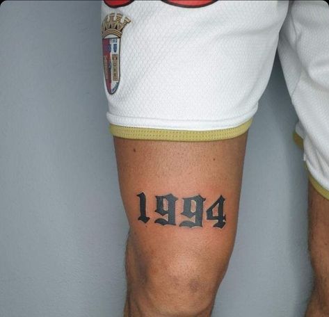 Eat 1994 Tattoo, Date On Leg Tattoo, 1994 Leg Tattoo, Birth Year Tattoo Ideas Men, 2003 Tattoos Ideas, 2003 Knee Tattoo, Birth Year Leg Tattoo Men, Date Above Knee Tattoo, Birth Year Knee Tattoo