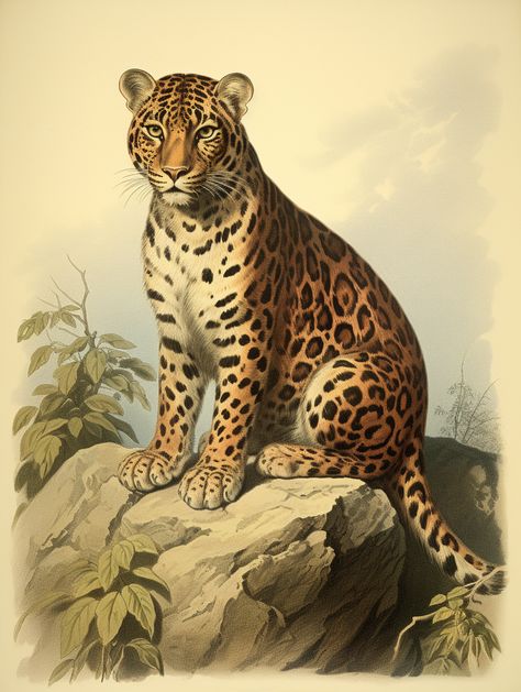 Amur leopard naturalist style illustration, reminiscent of 19th-century naturalist drawings. AI-generated Animal Scientific Illustration, Amur Leopard Drawing, Illustrative Portraits, Tiger Reference, Vintage Animal Illustration, Wildlife Drawings, Leopard Illustration, Jaguar Art, Natural History Illustration