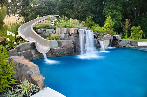 Modern Pool With Slide And Waterfall, Pool With Slide And Waterfall, Natural Water Feature, Pool Grotto, Pool With Slide, Pool Waterfalls, Swimming Pool Fountains, Big Pool, Kid Friendly Backyard