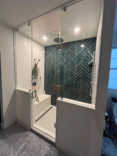 Large 5x7 shower wirh feature wall and hidden niches and green tile. Master Bath Shower Tile, Laundry Combo, Hidden Shower, Master Bath Shower, Shower Wall Tile, Double Shower, Shower Niche, Bathroom Shower Tile, Bathroom Remodel Shower