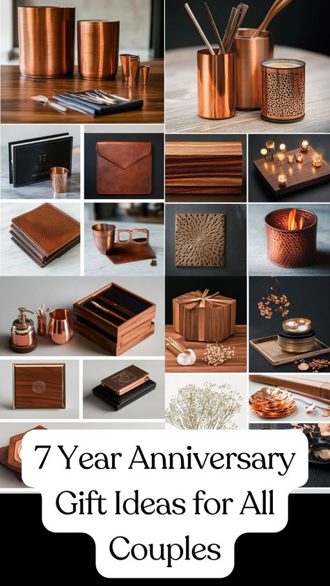 A collection of 7 year anniversary gift ideas, including traditional copper and wool presents, modern desk sets, and unique, thoughtful gifts for couples. Year 7 Anniversary Gifts, Wool Anniversary Gifts For Him, 7 Year Wedding Anniversary Gift For Him, 7th Anniversary Gift Ideas For Him, 7 Year Anniversary Gift Ideas For Him, 15 Gift Ideas, Year Anniversary Gift Ideas, Copper Wedding Anniversary, 7 Year Anniversary Gift