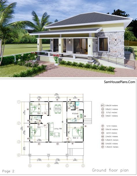 Plan 3d Interior Design House Plans 13x9.5m Full Plan 3beds - Samphoas E6B Hip Roof House Plans, Bathroom Objects, Bungalow Style House, Three Bedroom House Plan, Understanding Quotes, Modern House Floor Plans, Aesthetic Architecture, Bungalow Floor Plans, Bungalow Style House Plans