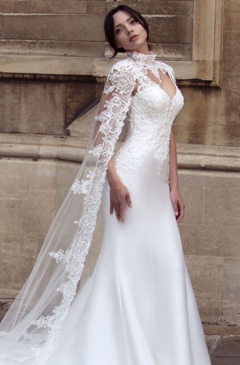 Halter Lace Wedding Dress, Wedding Dress With Cape, Mikado Dress, Wedding Dress Cover, Lace And Beads, Elegant Bridal Dress, Dress With Cape, Modest Wedding Gowns, Cape Wedding Dress