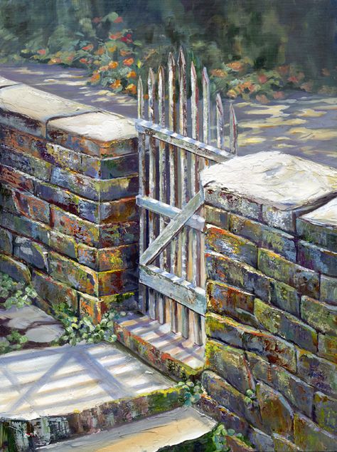 "Somewhere to go" an acrlic painting by Ginger Cook.                                                .Old weathered bricks  can be the focal point of a paintingl.                                            Check out my free video  on YouTube on how to paint old  bricks and a stucco wall. .  This painting won first place in 2005 for Best Acrylic Painting with mixed media; by ".THE INTERNATIONAL SOCIETY OF ACRYLIC PAINTERS" Brick Wall Painting, Stucco Wall, Acrylic Tutorials, Acrylic Painting Lessons, Fence Paint, Stone Walls, Amazing Drawings, Acrylic Oil Painting, Cooking Art