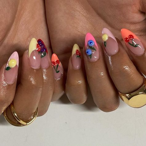 | frutas 🍒🍋🍇🍓🫐 for @lexdelvalle 🫶🏻 this set is giving European summer 🌞 @apresnailofficial natural medium almond | Instagram Fruit Almond Nails, Midsommar Nails, Nails Art Summer 2024, Almond Nails Designs Summer, Lemon Nails, Medium Almond, Fantasy Nails, Nail Jewelry, Art Nails