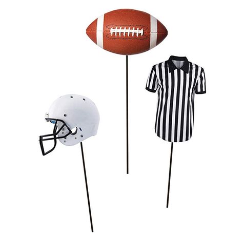 These cute themed sticks below would be great in a potted plant or centerpiece at a super bowl party.   You could use in the bar area as stirrers or on top of plain store bought cupcakes, so many options! #superbowl #superbowlparty #superbowltheme #superbowldecor #footballparty #footballtailgate #tailgateideas Sports Themed Centerpieces, Football Centerpieces, Football Party Games, Referee Shirts, Football Banquet, Football Party Supplies, Black And White Football, Football Banner, Football Diy