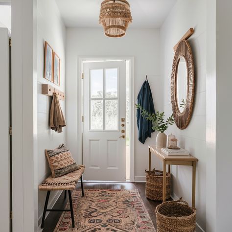 A modern bohemian home filled with warm tones and unique textures 🧡 Is this your vibe? White Boho House, Earth Tone Entry Way, Modern Boho House, Boho Entryway, Modern Bohemian Home, Unique Textures, Boho Modern, Boho House, 2025 Vision