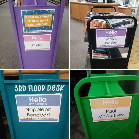 For #NationalLibraryWeek a few weeks back, Idaho Falls Public Library named our shelving carts. Here are a few of our favorite ones. Library Carts Ideas, Library Cart Makeover, Public Library Programs, Library Cart, Book Hospital, School Library Decor, Library Games, Passive Programs, Library Center